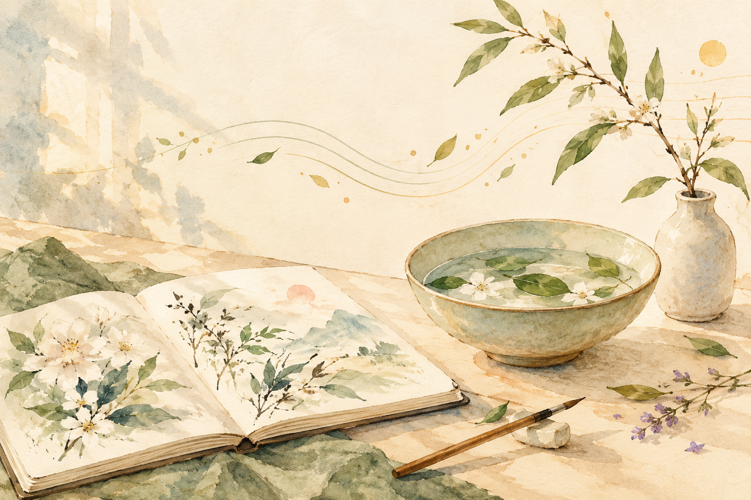 淡雅的水彩植物、画册与陶碗，象征创造与日常照顾