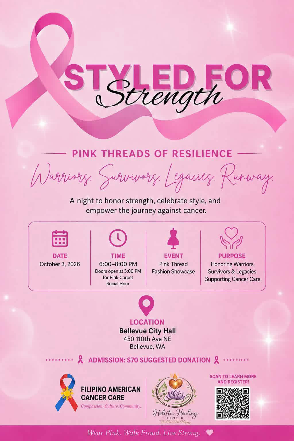 Styled for Strength — Pink Threads of Resilience event poster, October 3, 2026 at Bellevue City Hall